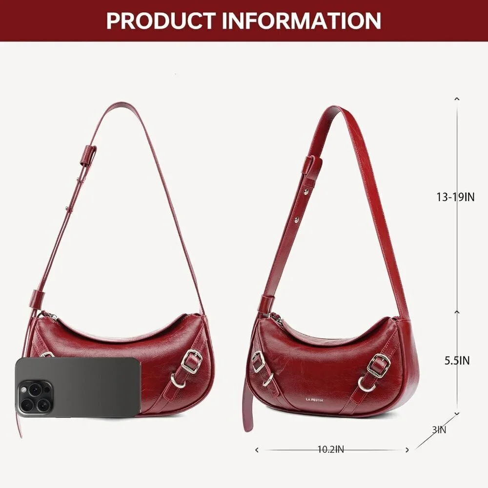 Women Red Soft Leather and polyester Hobo Bag with Adjustable Strap